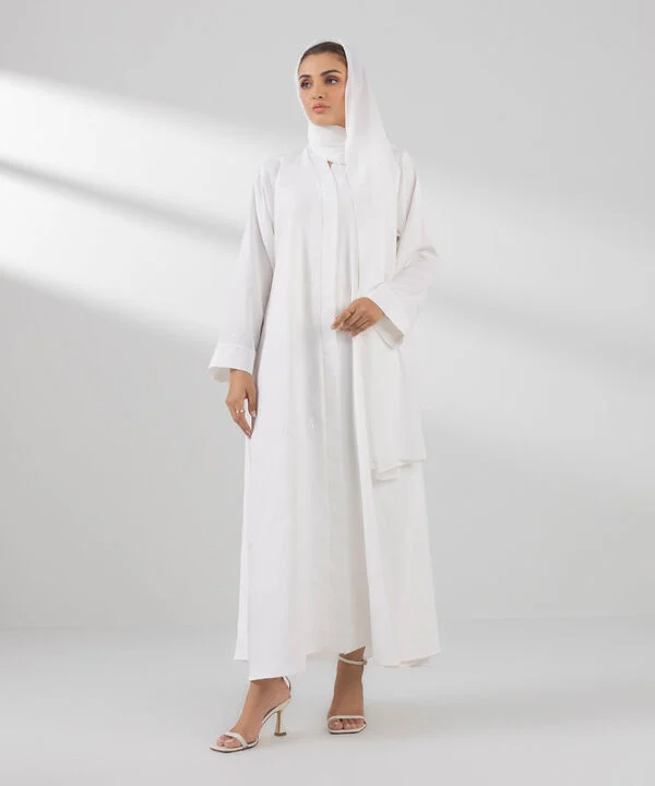 Embroidered White Button Through Abaya Set