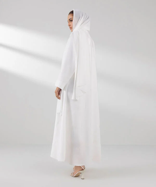 Embroidered White Button Through Abaya Set