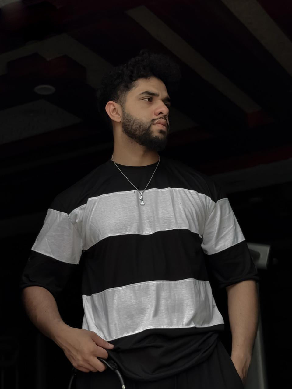 Branded Stripe Black & White Drop Shoulder T-shirt For Men