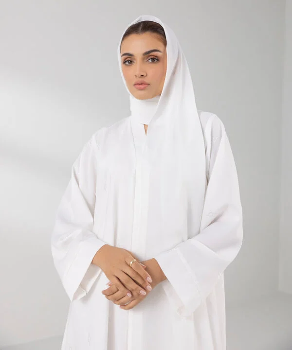 Embroidered White Button Through Abaya Set