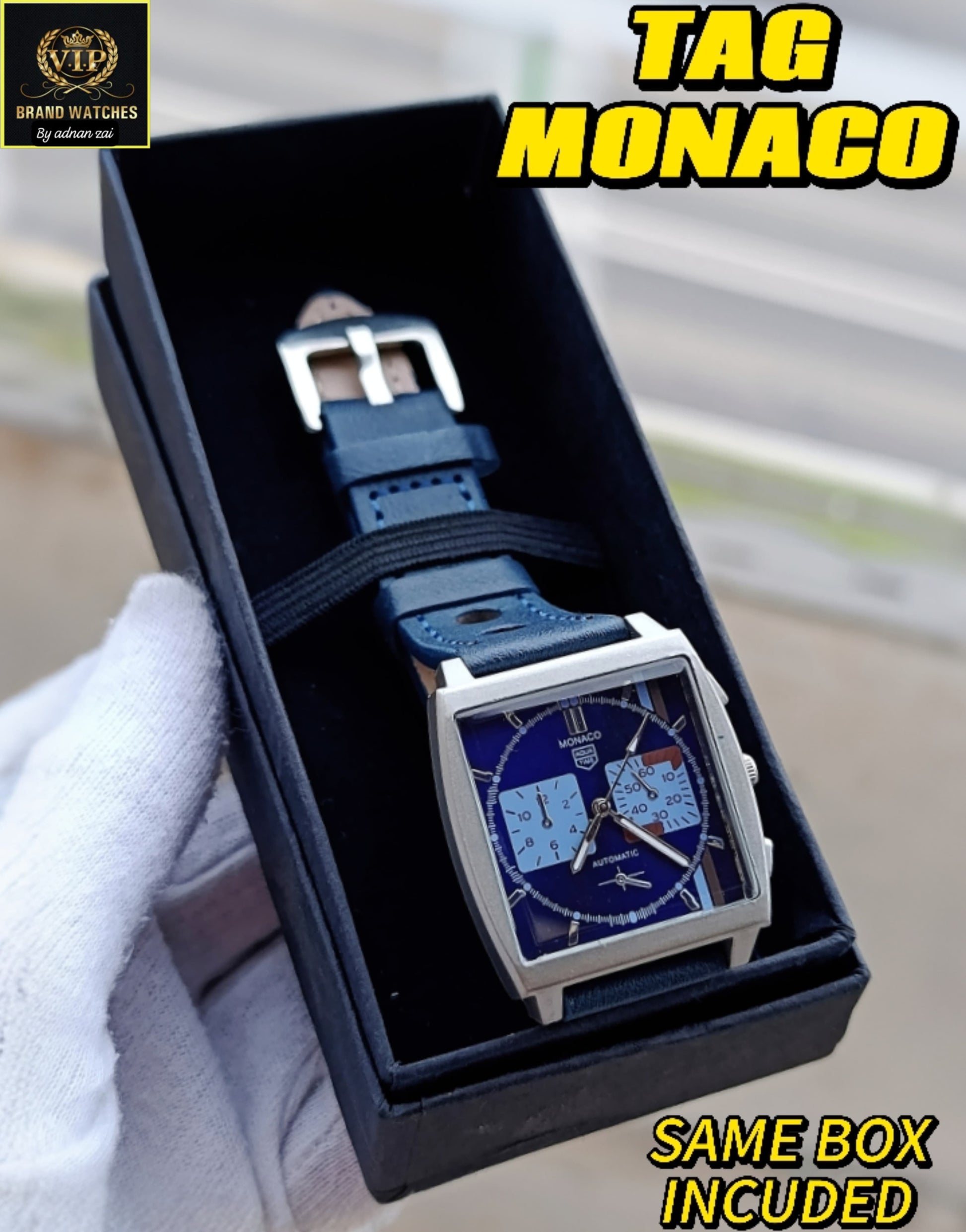 TAGHUR MONACO Blue LEATHER Strap Watch For Men
