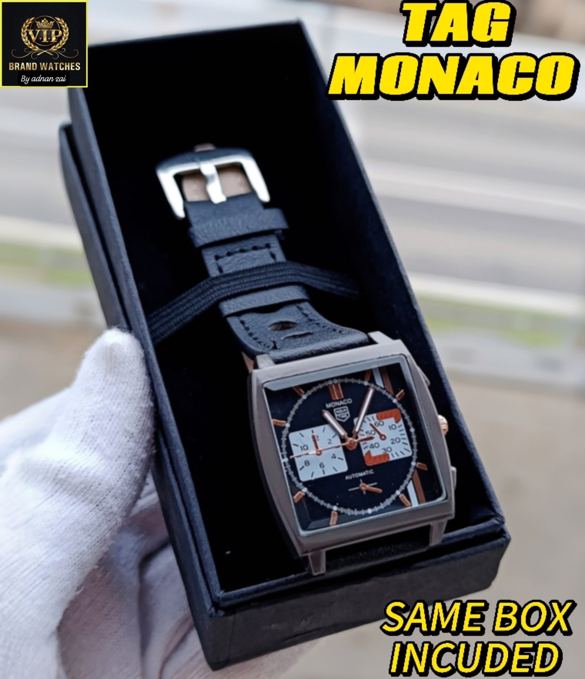 TAGHUR MONACO Black LEATHER Strap Watch For Men