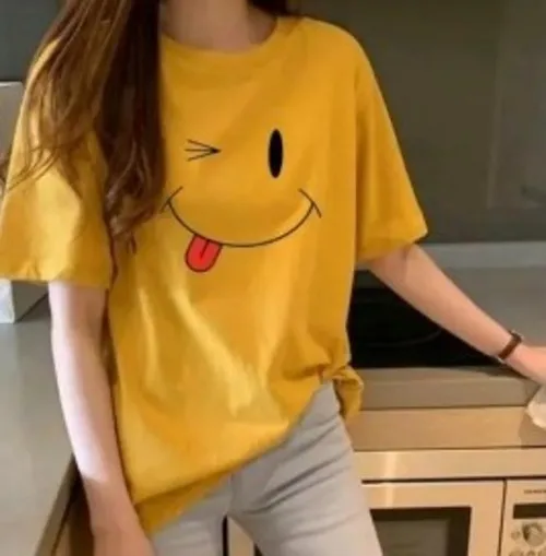 Yellow Round Neck Half Sleeves Smily T-shirt For Women