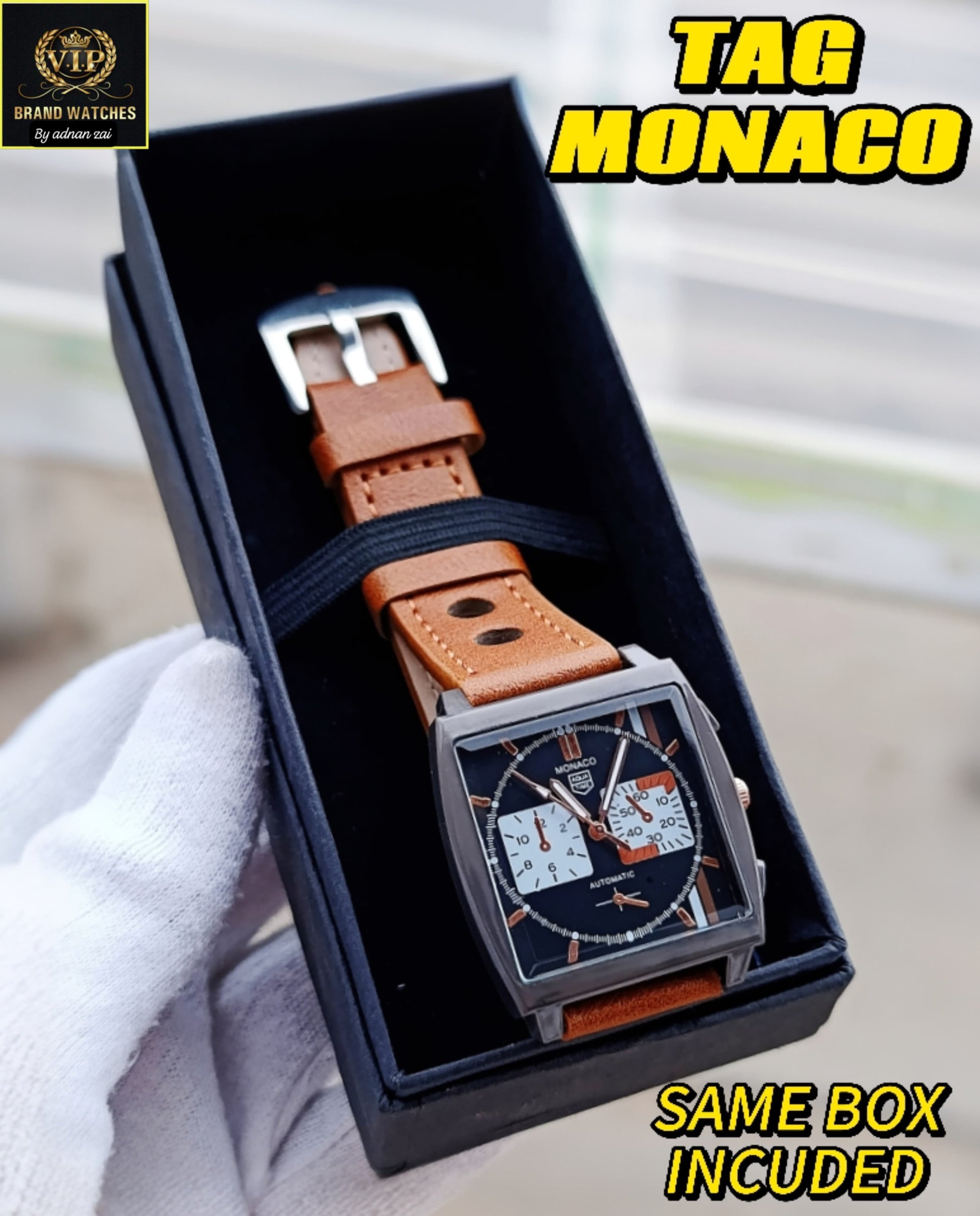 TAGHUR MONACO Font LEATHER Strap Watch For Men