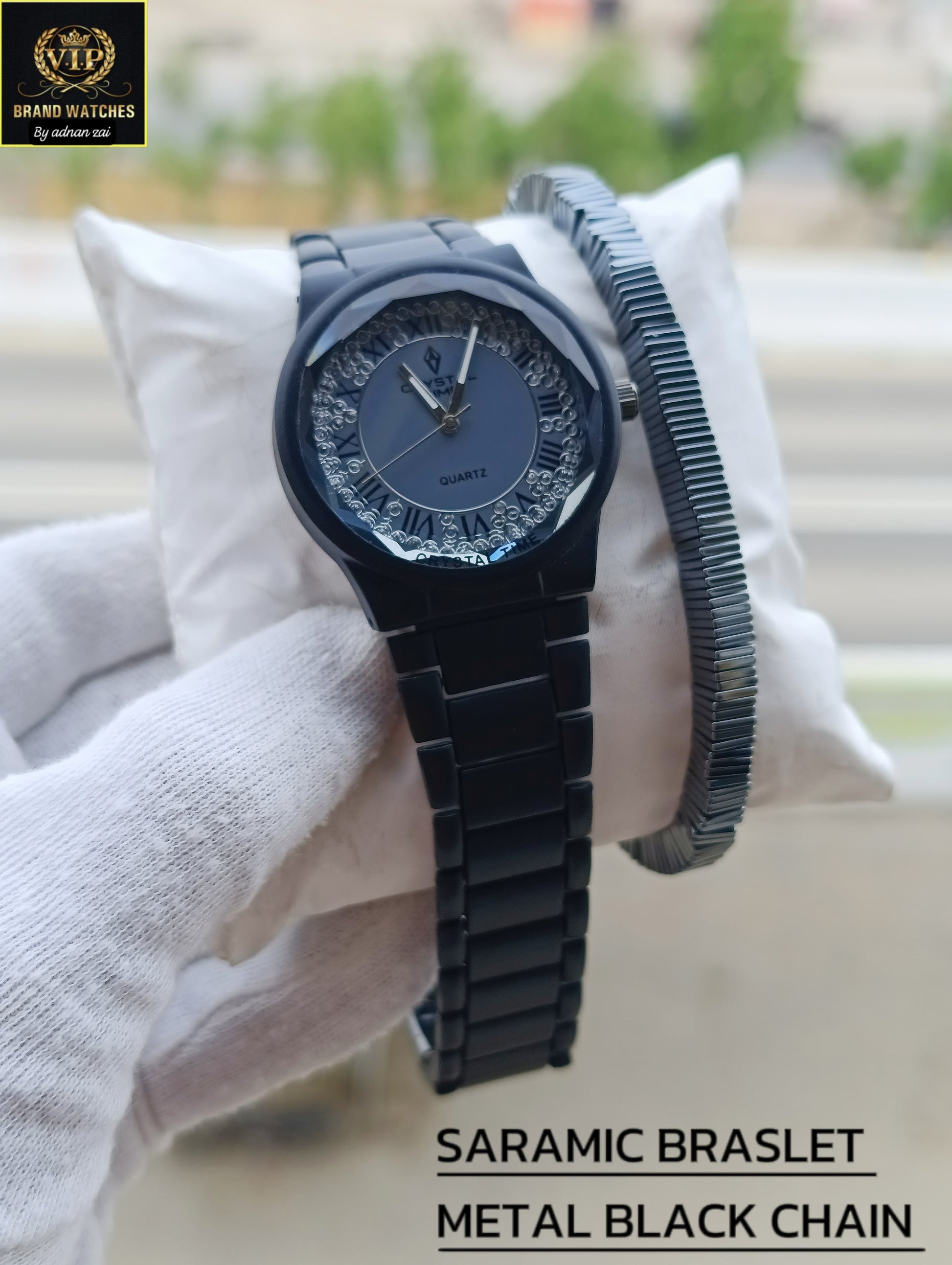 Crystal Time Black Chain Watch With Ceramic Adjustable Bracelet  02