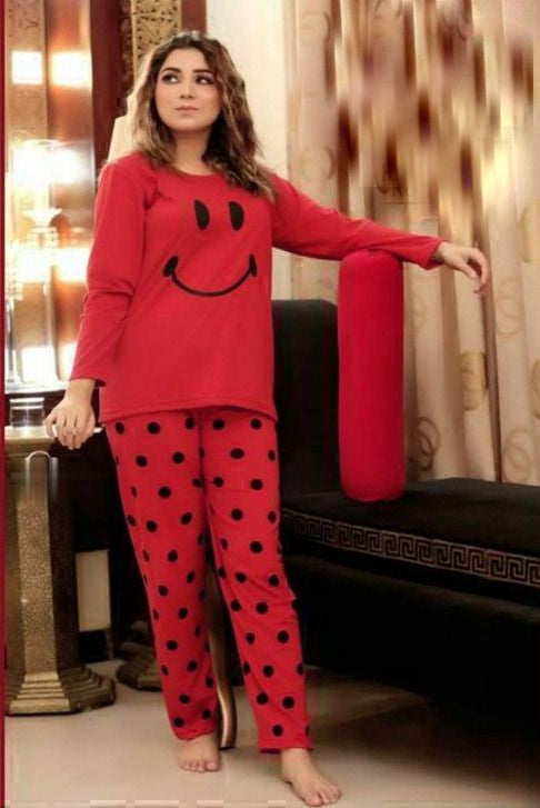 Red Smily Nighty Suit For Women