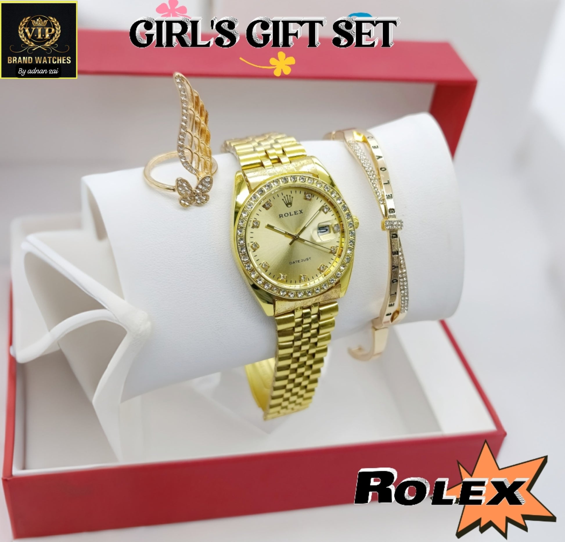 Rolex Gold Diamond Watch with Gift Set For Girls
