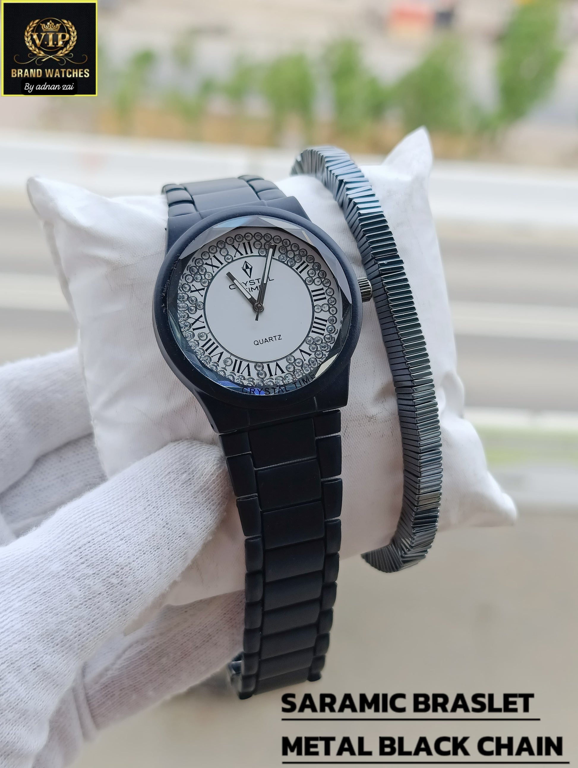 Crystal Time Black Chain Watch With Ceramic Adjustable Bracelet  03