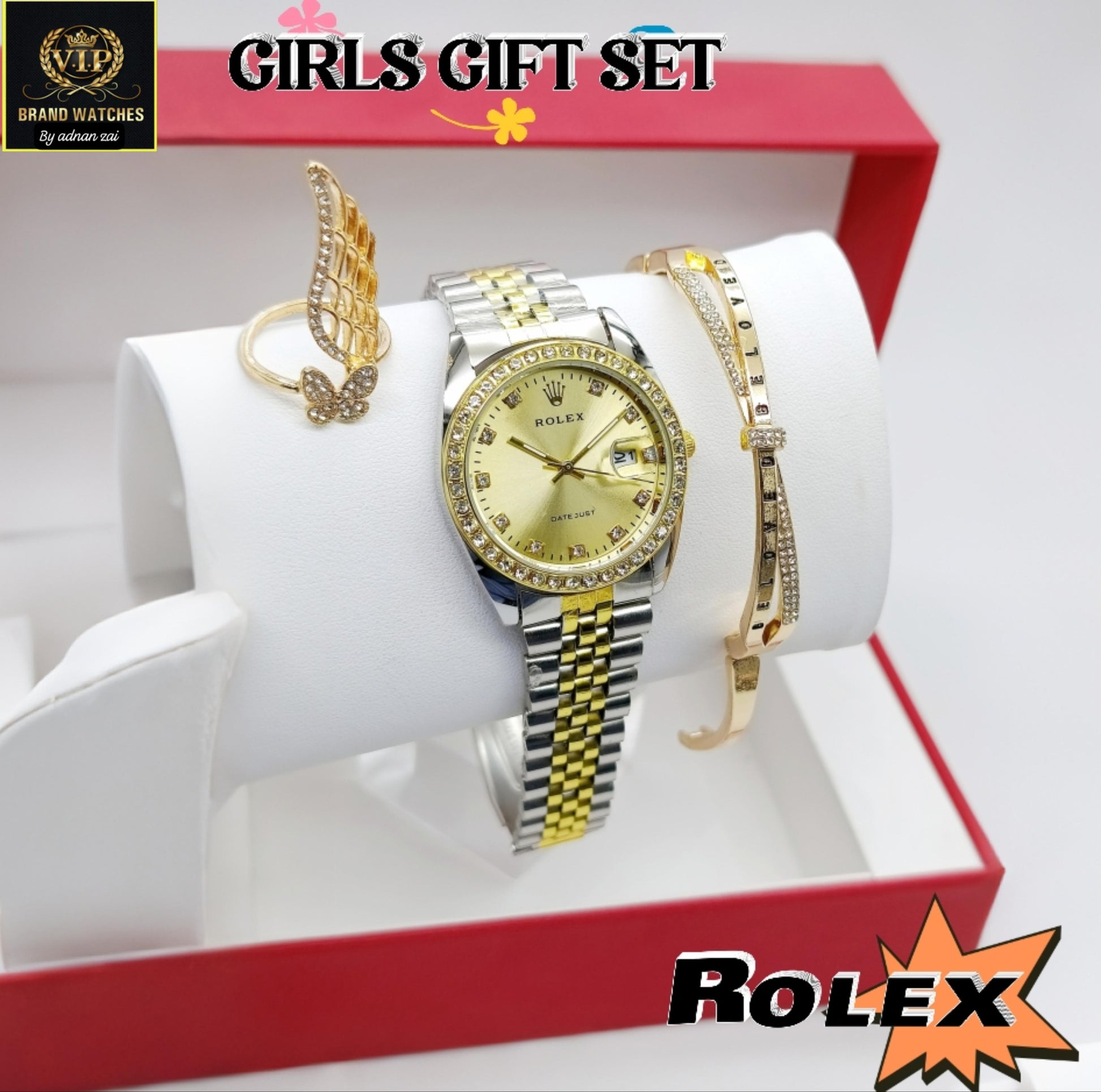 Rolex Silver Gold Diamond Watch with Gift Set For Girls