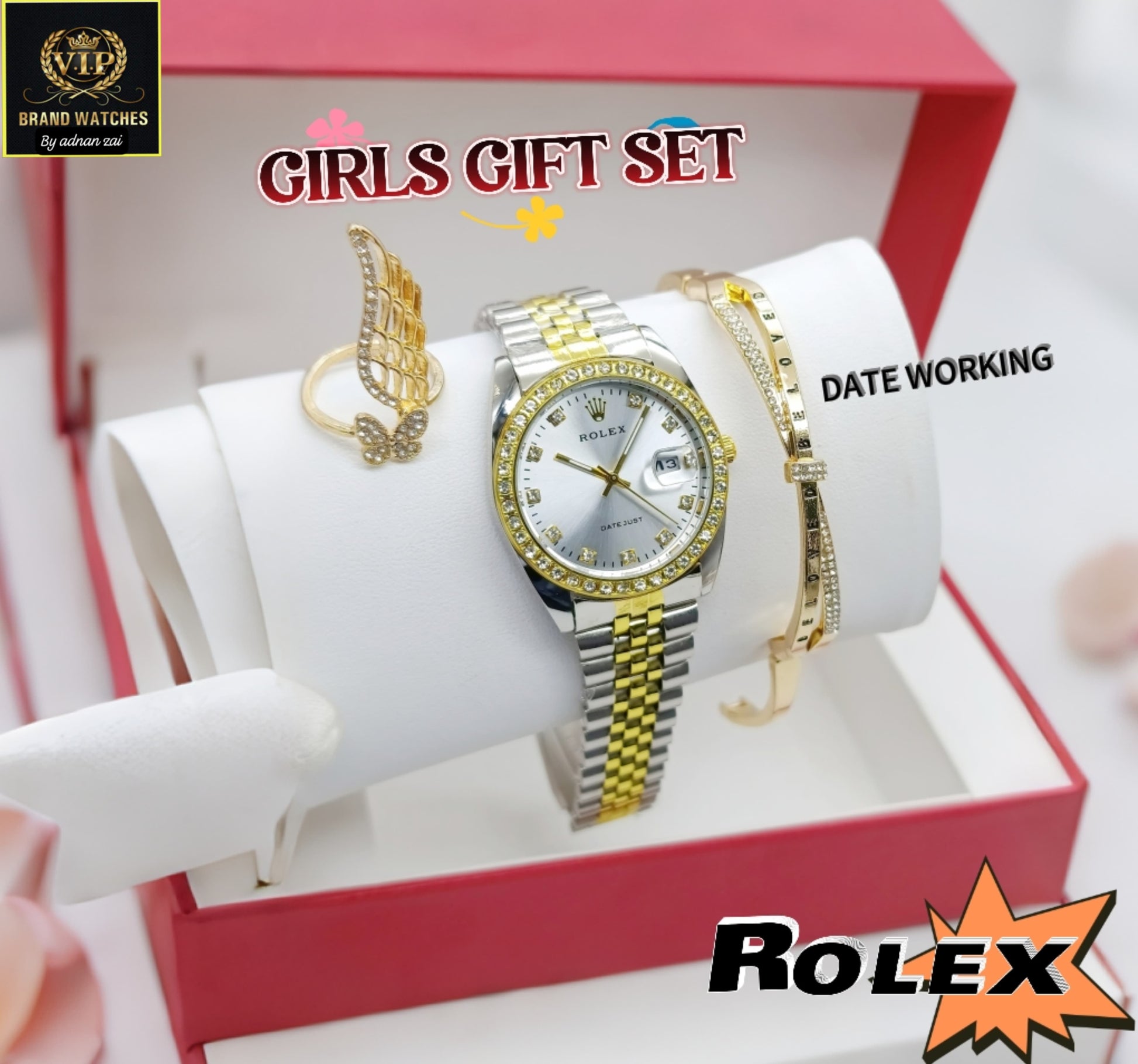 Rolex Gold Silver Diamond Watch with Gift Set For Girls