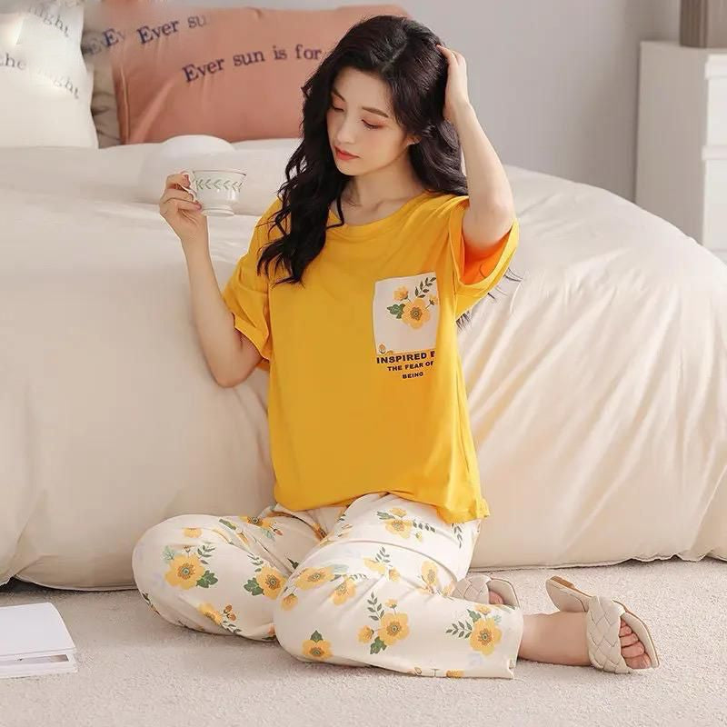 Yellow Flower Nighty Suit For Women
