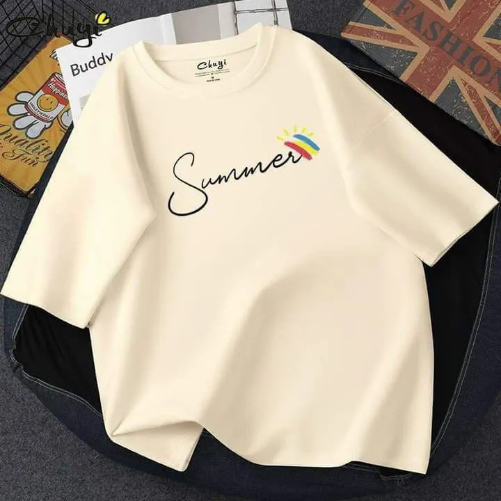 Beige Round Neck Half Sleeves Summer T-shirt For Women