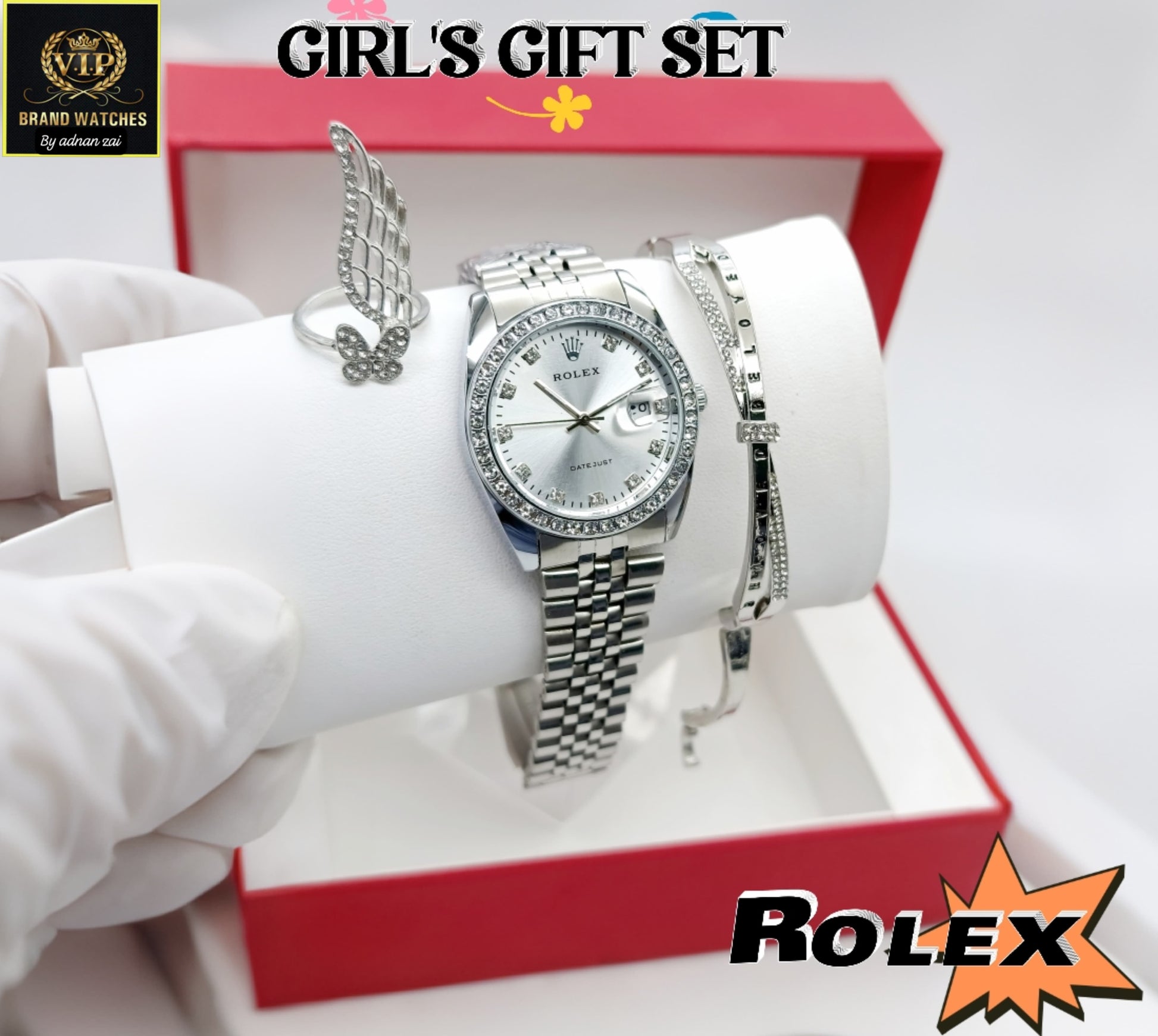 Rolex Silver Diamond Watch with Gift Set For Girls