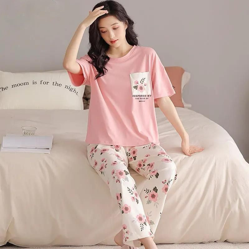 Pink Flower Nighty Suit For Women