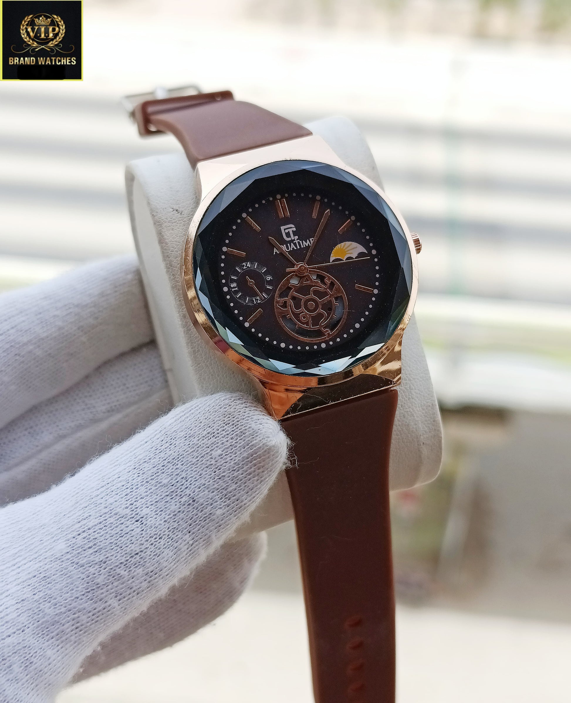 Men Leather Strap Aquatime Brown Premium Watch