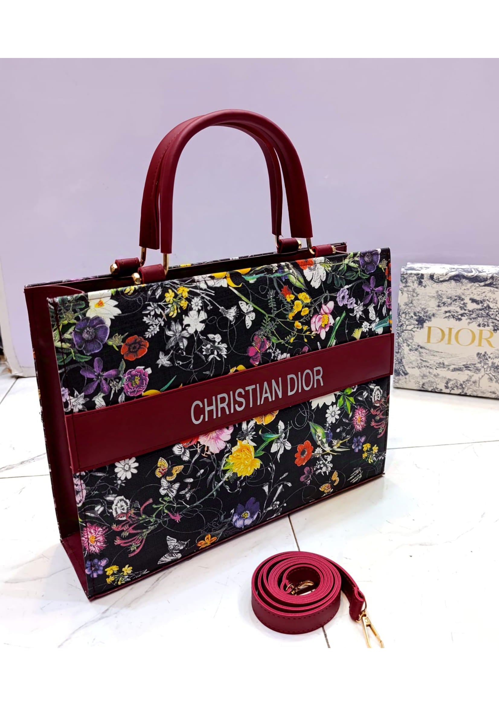 Branded Christian Dior Black Maroon Tote Hand Bag