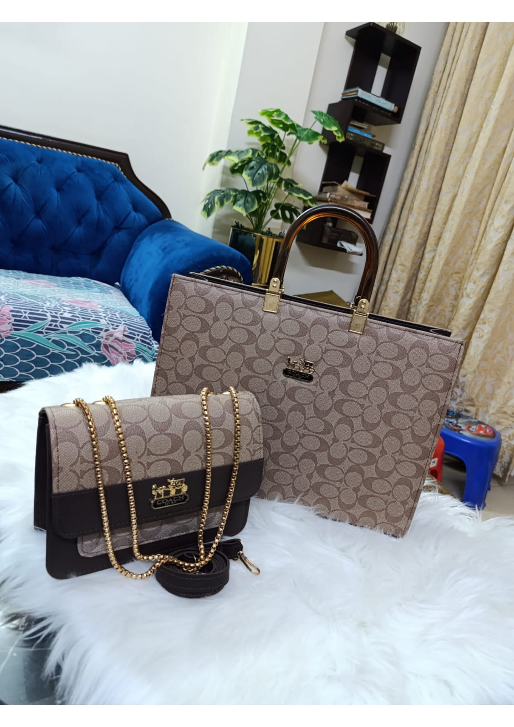 COACH Beige Branded 2 Piece Bags Set For Women