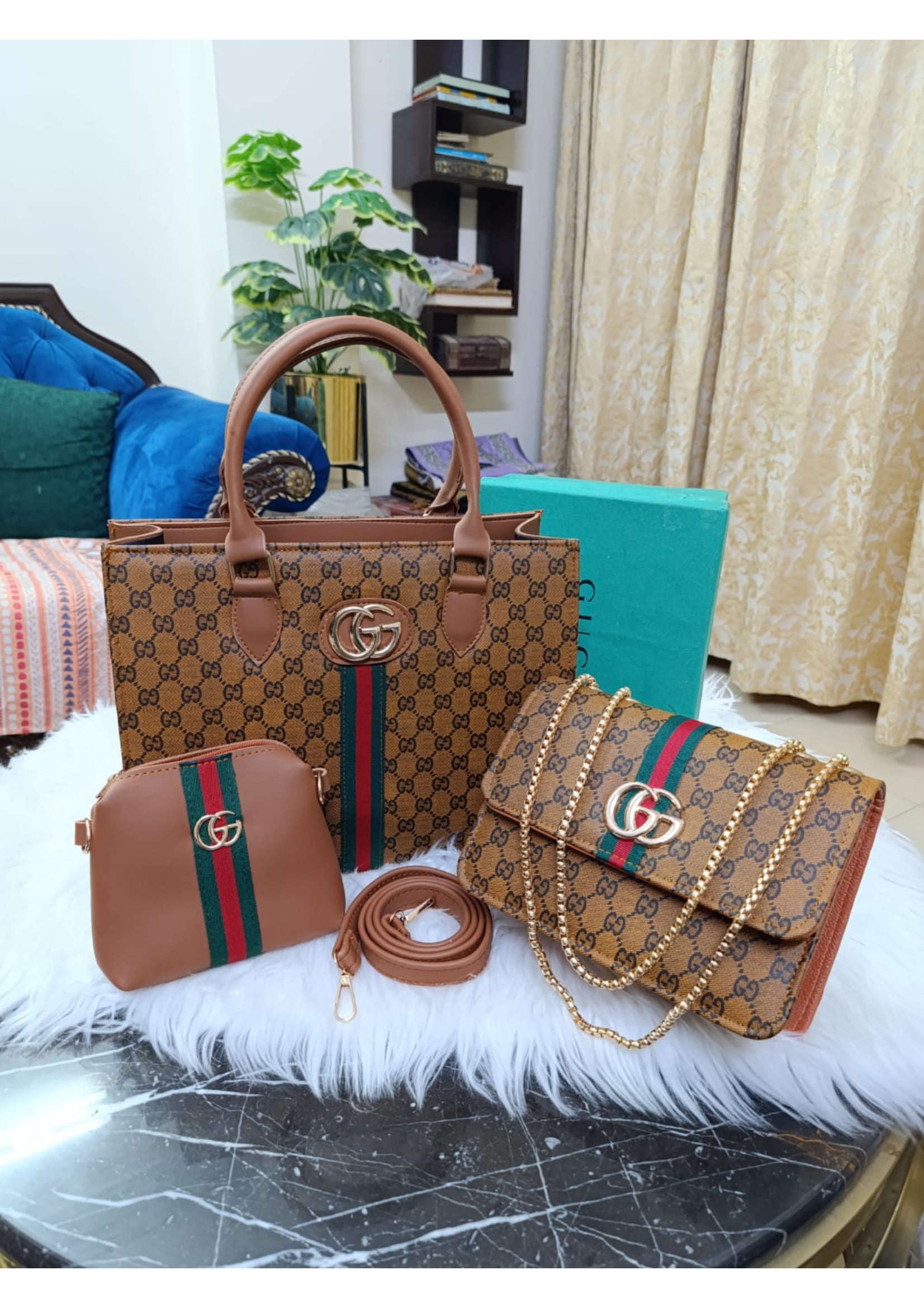 Gucci Brown Combo Branded 3 Piece Bag Set For Women