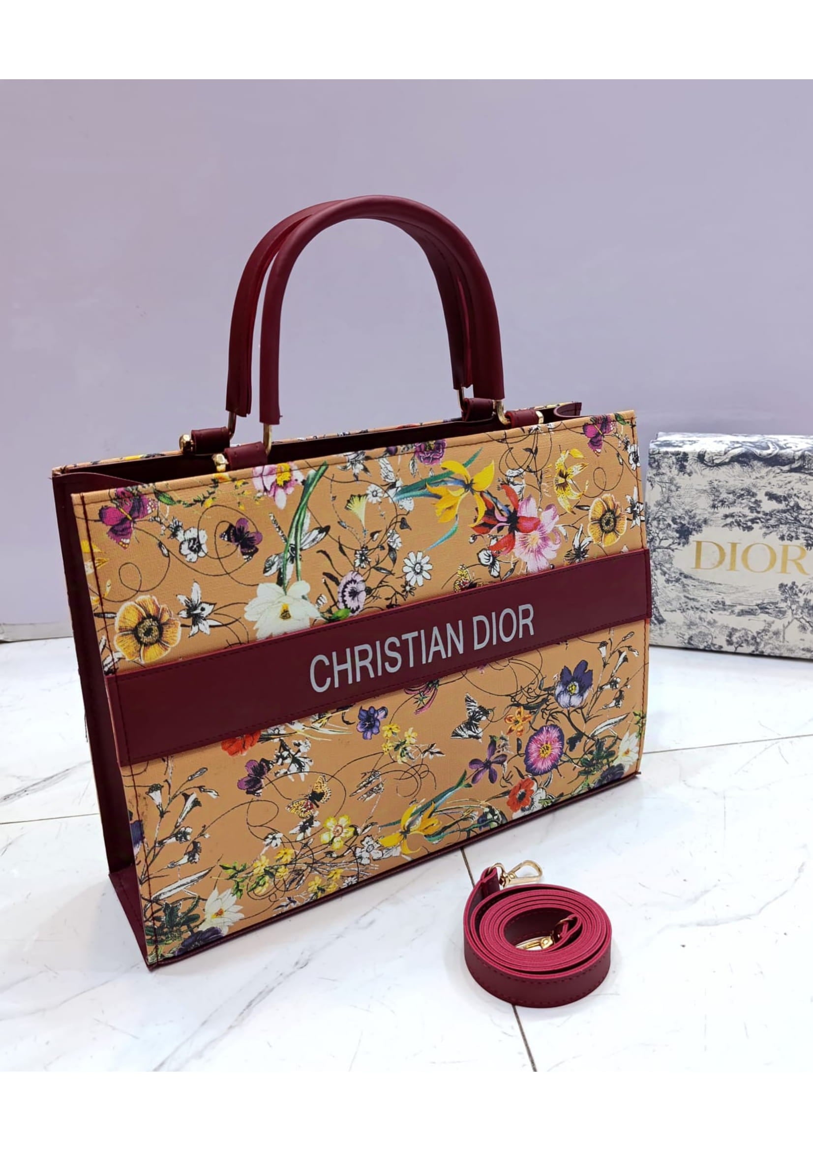 Branded Christian Dior Beige Maroon Tote Hand Bag