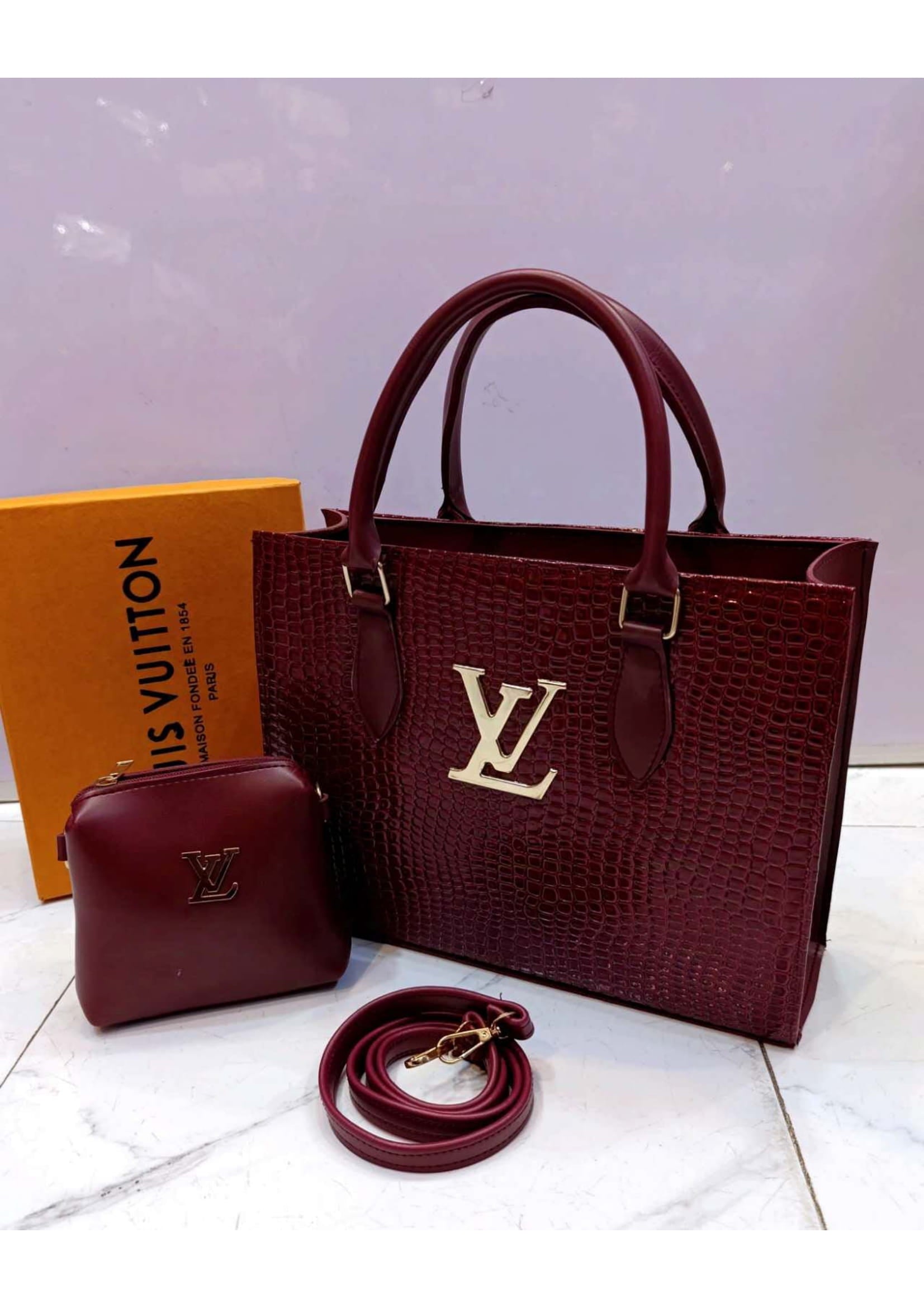 Branded Louis Vuitton Maroon Tote Hand Bag With Pouch