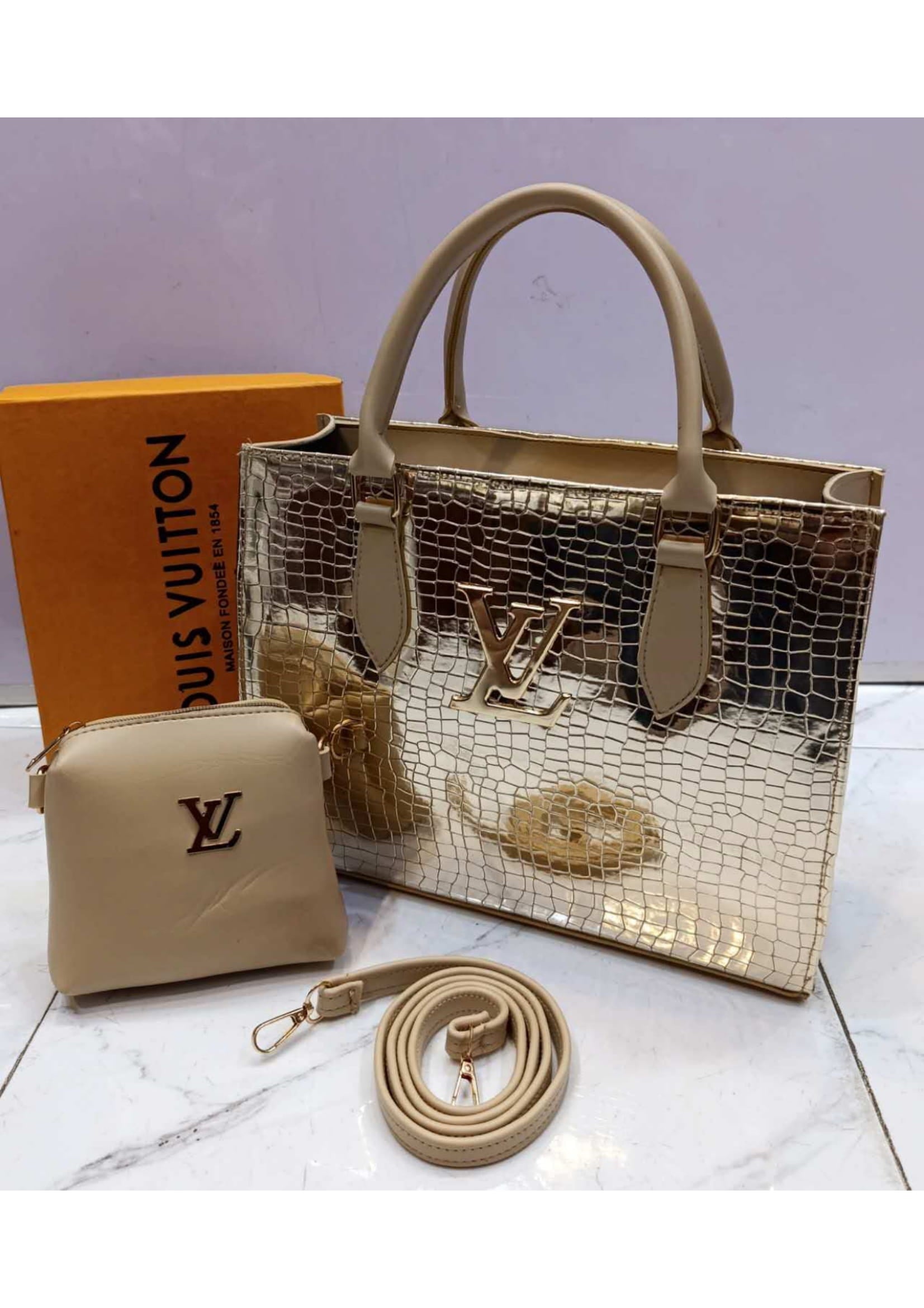 Branded Louis Vuitton Gold Tote Hand Bag With Pouch