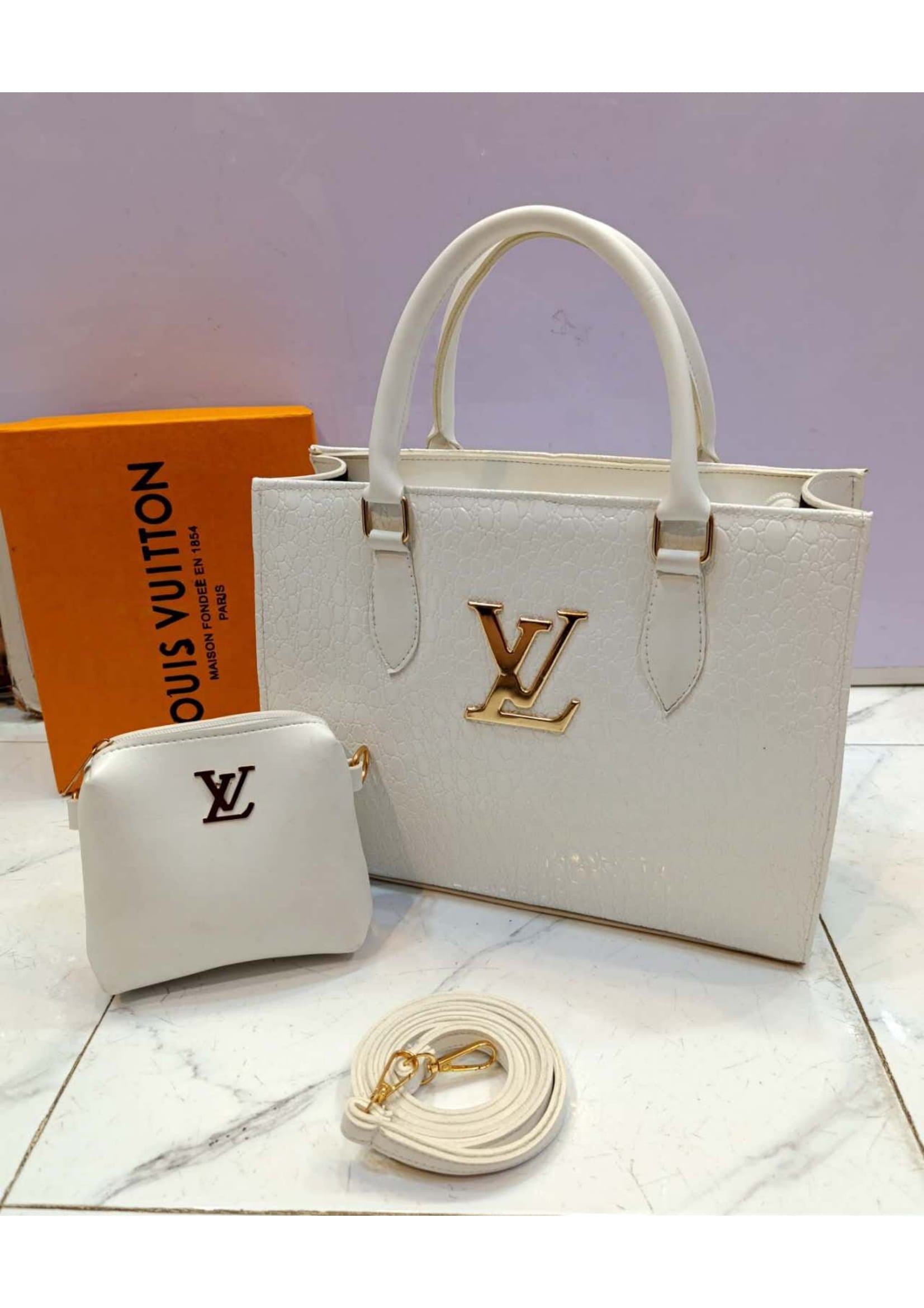 Branded Louis Vuitton White Tote Hand Bag With Pouch