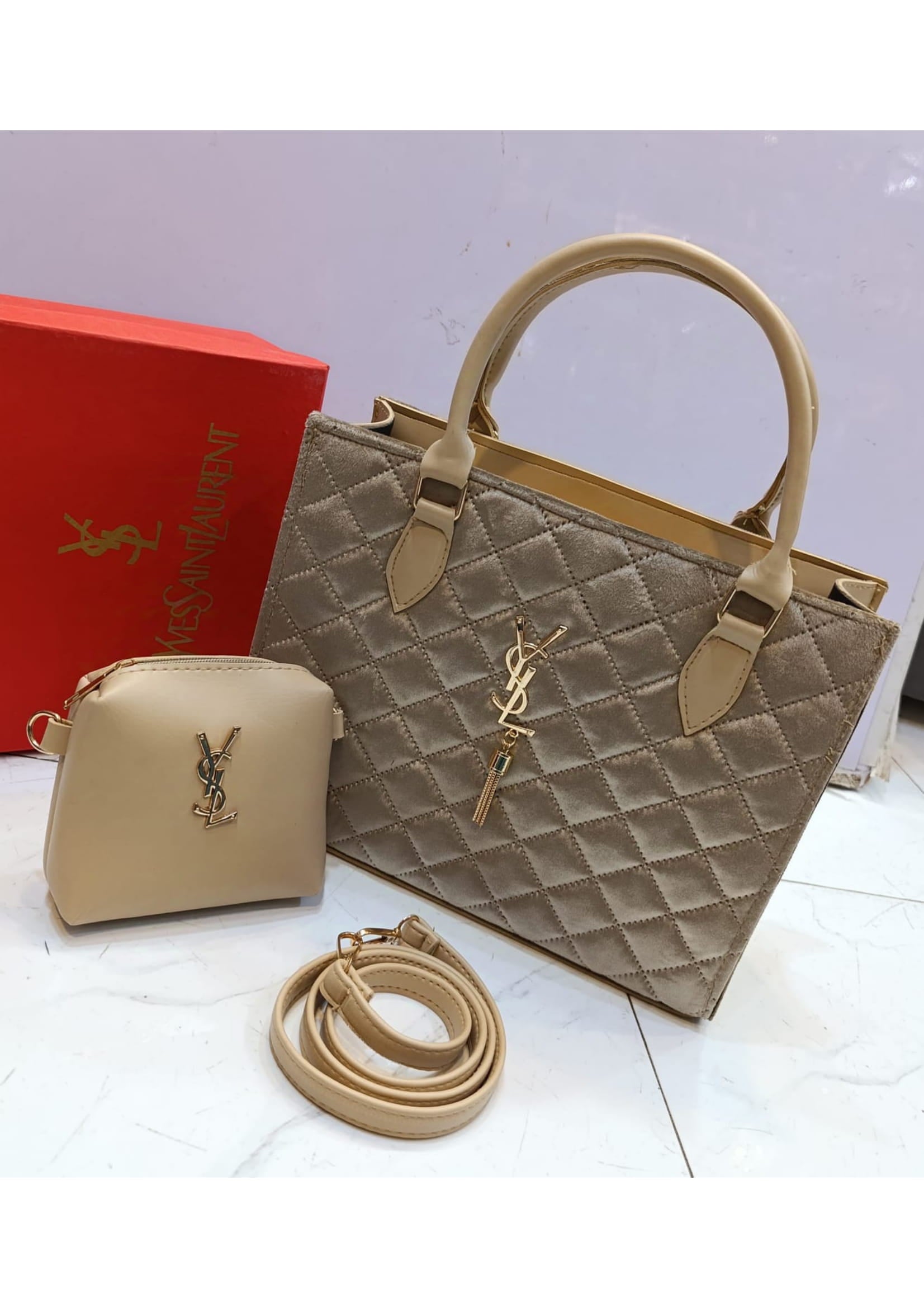 Branded Louis Vuitton Design Gold Tote Hand Bag With Pouch
