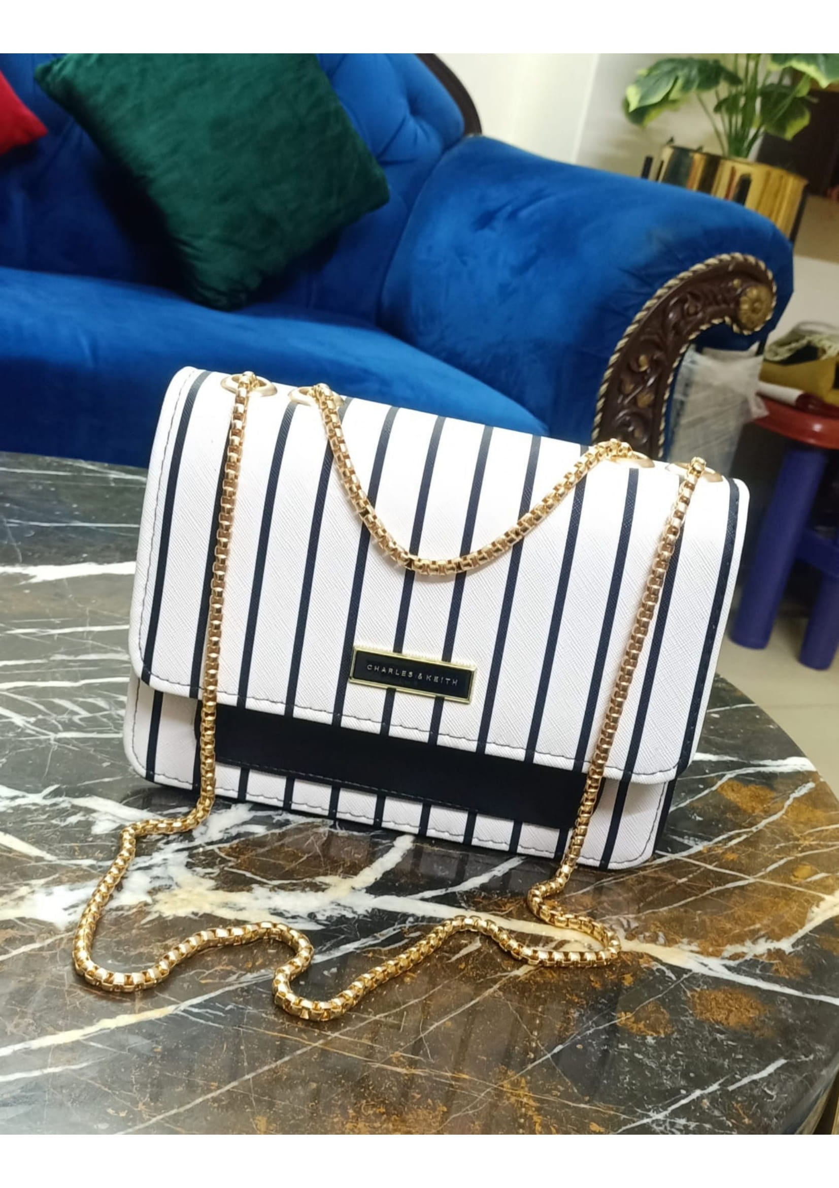 Premium Charles & Keith Black White Stripe Crossbody Bag