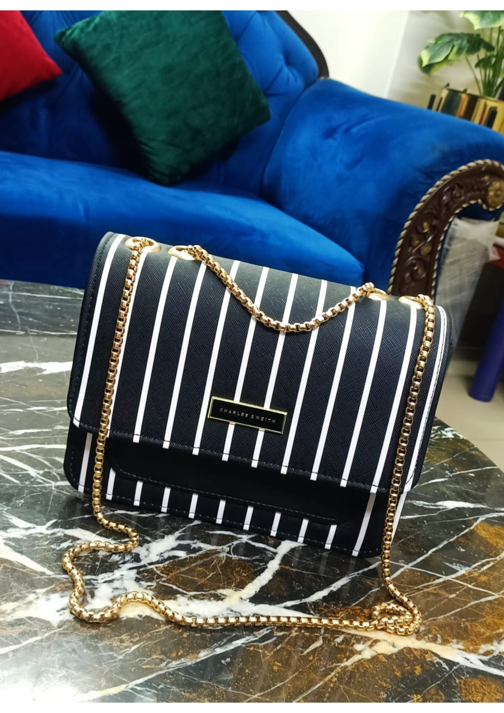 Premium Charles & Keith Navy White Stripe Crossbody Bag
