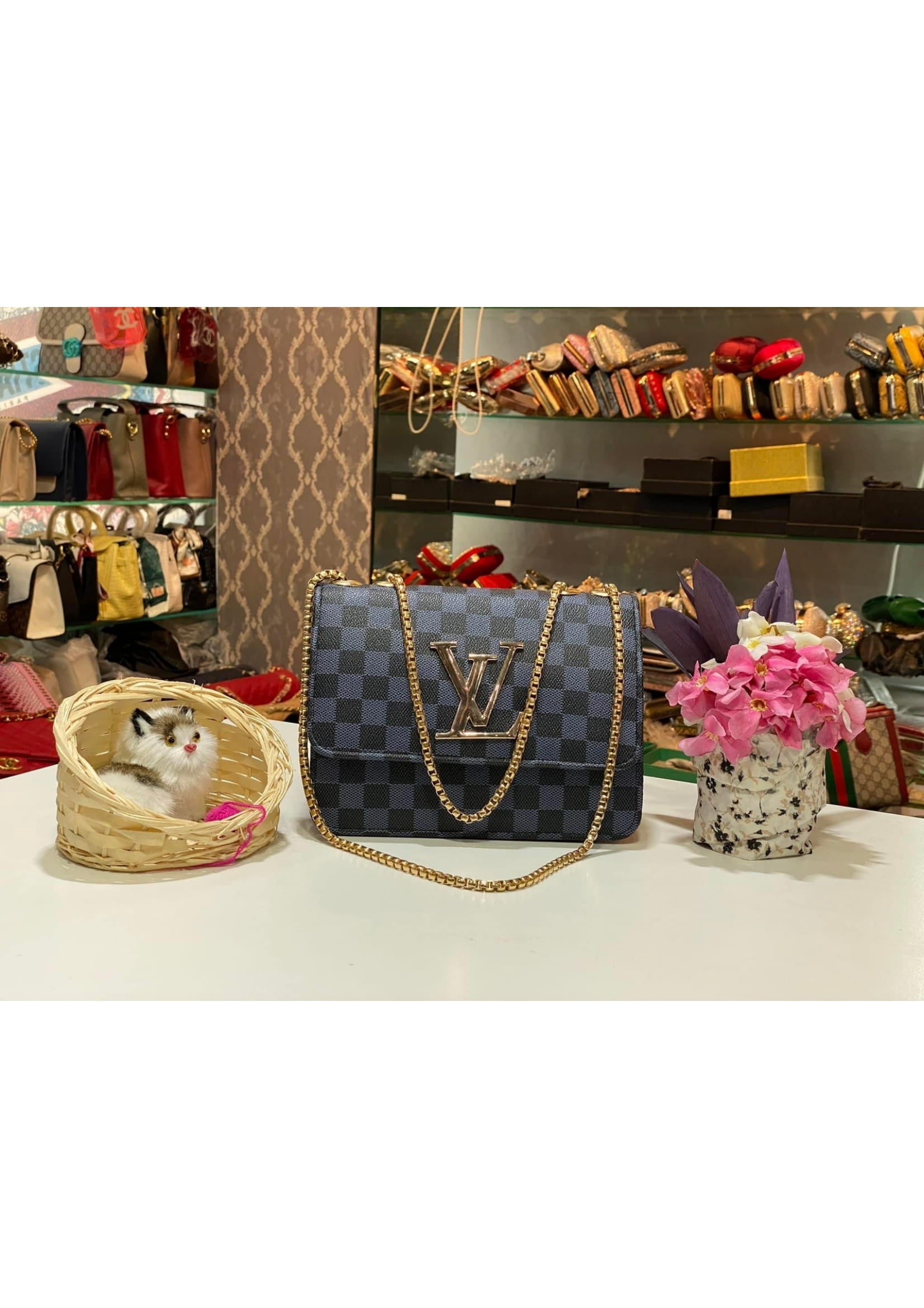 Premium LV Checkered Blue Crossbody Bag