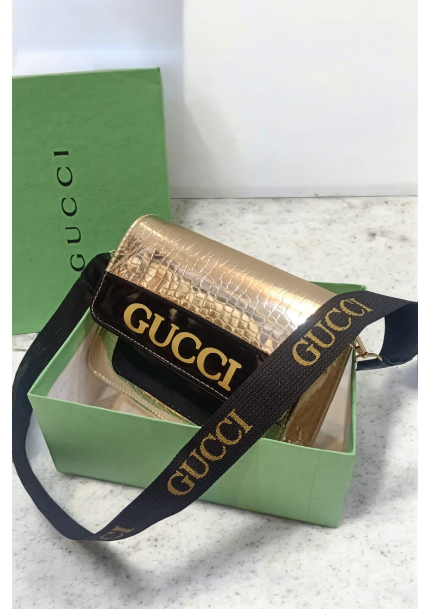Premium Gucci Stylish Gold Black Crossbody Bag