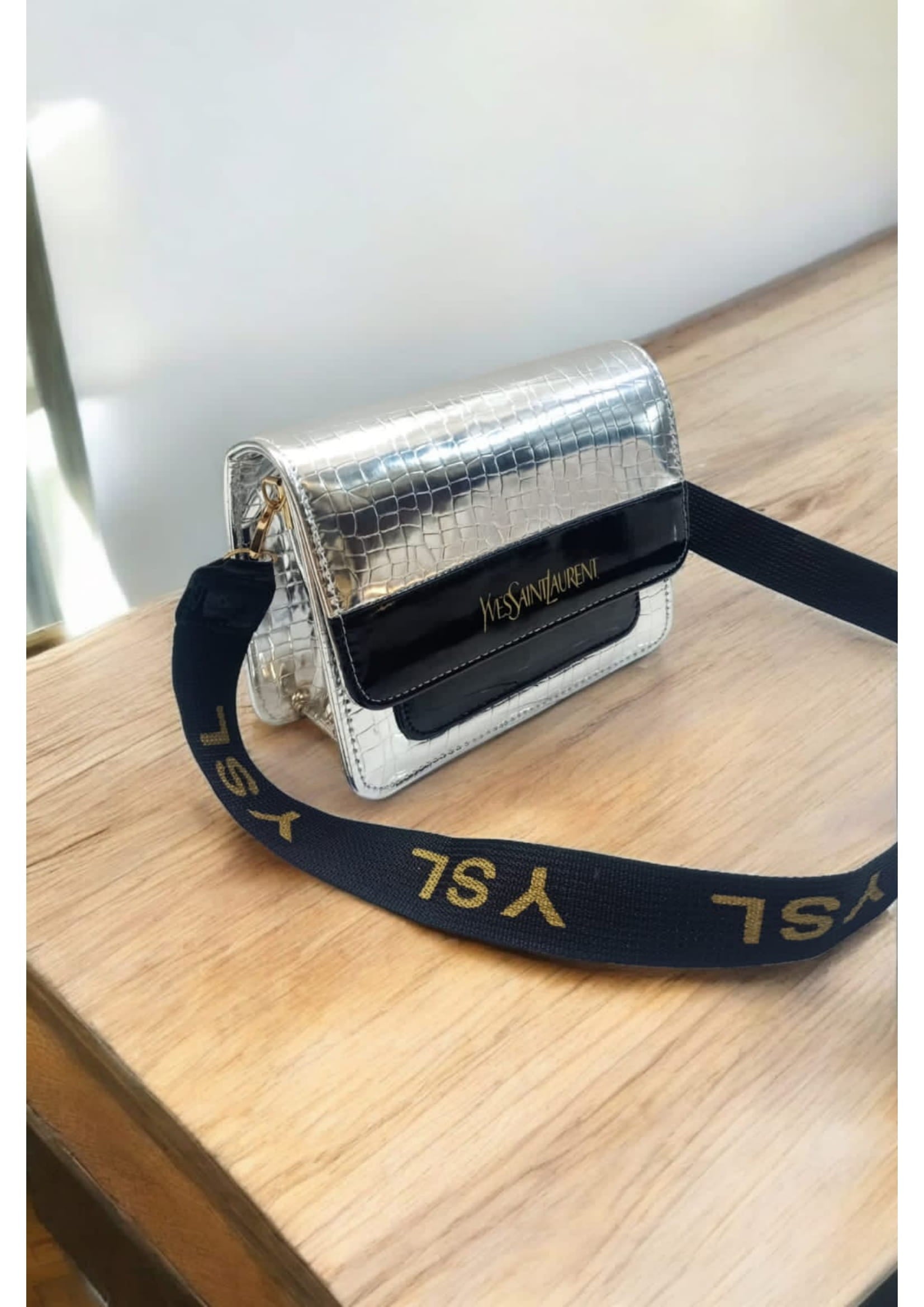 Premium YSL Stylish Silver Black Crossbody Bag