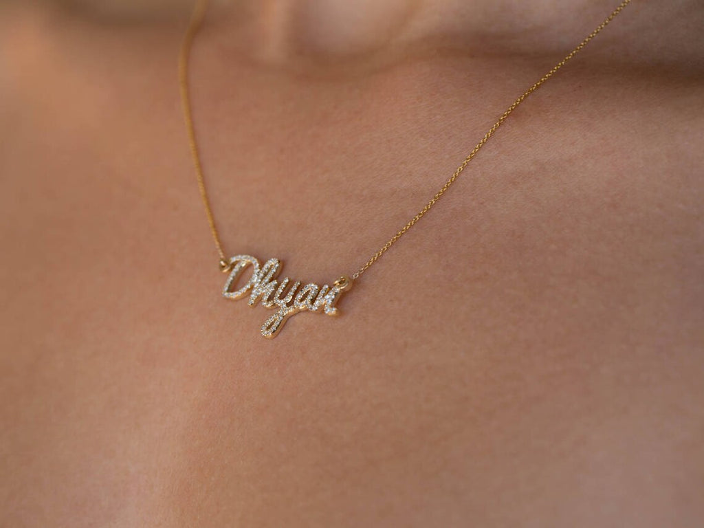 Moissanite Diamond Name Necklace, Personalized Name Necklace, Solid 14 Carat Gold