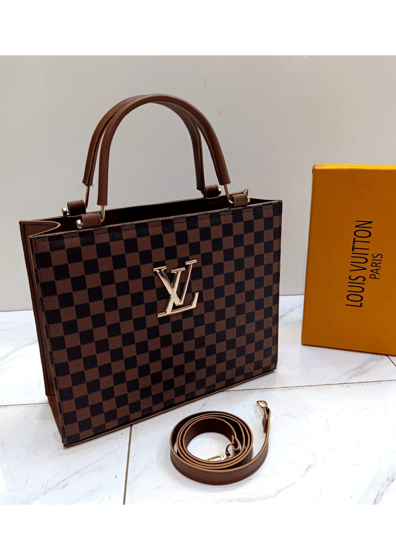 Premium LOUIS VUTTION Stylish Checkered Brown Hand Bag